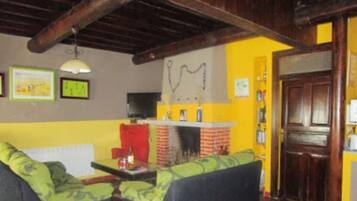 Una sala de estar acogedora con dos sofás, una chimenea y un televisor.