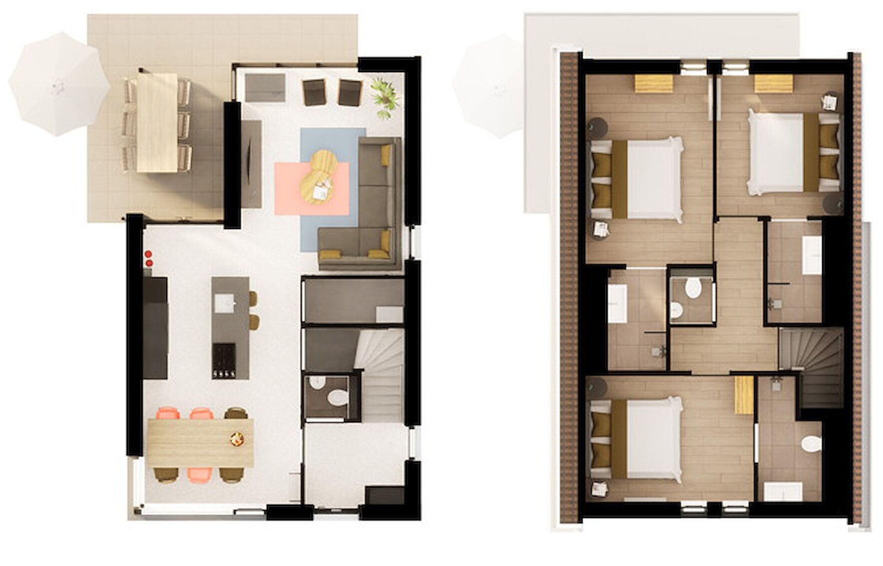 A floor plan of a hotel with a dining area, kitchen, living room, and multiple bedrooms.