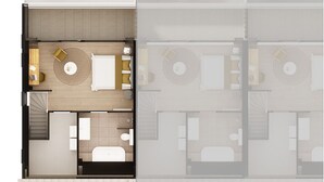 Een plattegrond van een hotelkamer met een bed, een bureau, een stoel, een kleine tafel en een zithoek.