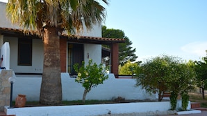 A building with a white exterior, a palm tree, and a small garden area. - Case Tre Palme a San Lorenzo (Noto)