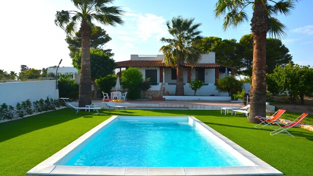 A rectangular swimming pool with a white border, surrounded by well-maintained green grass. - Case Tre Palme a San Lorenzo (Noto)