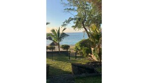 A view of a beach with palm trees and a wooden fence.