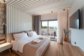 Chambre Prestige double, vue sur la mer | Literie de qualité, lit avec matelas en mousse à mémoire