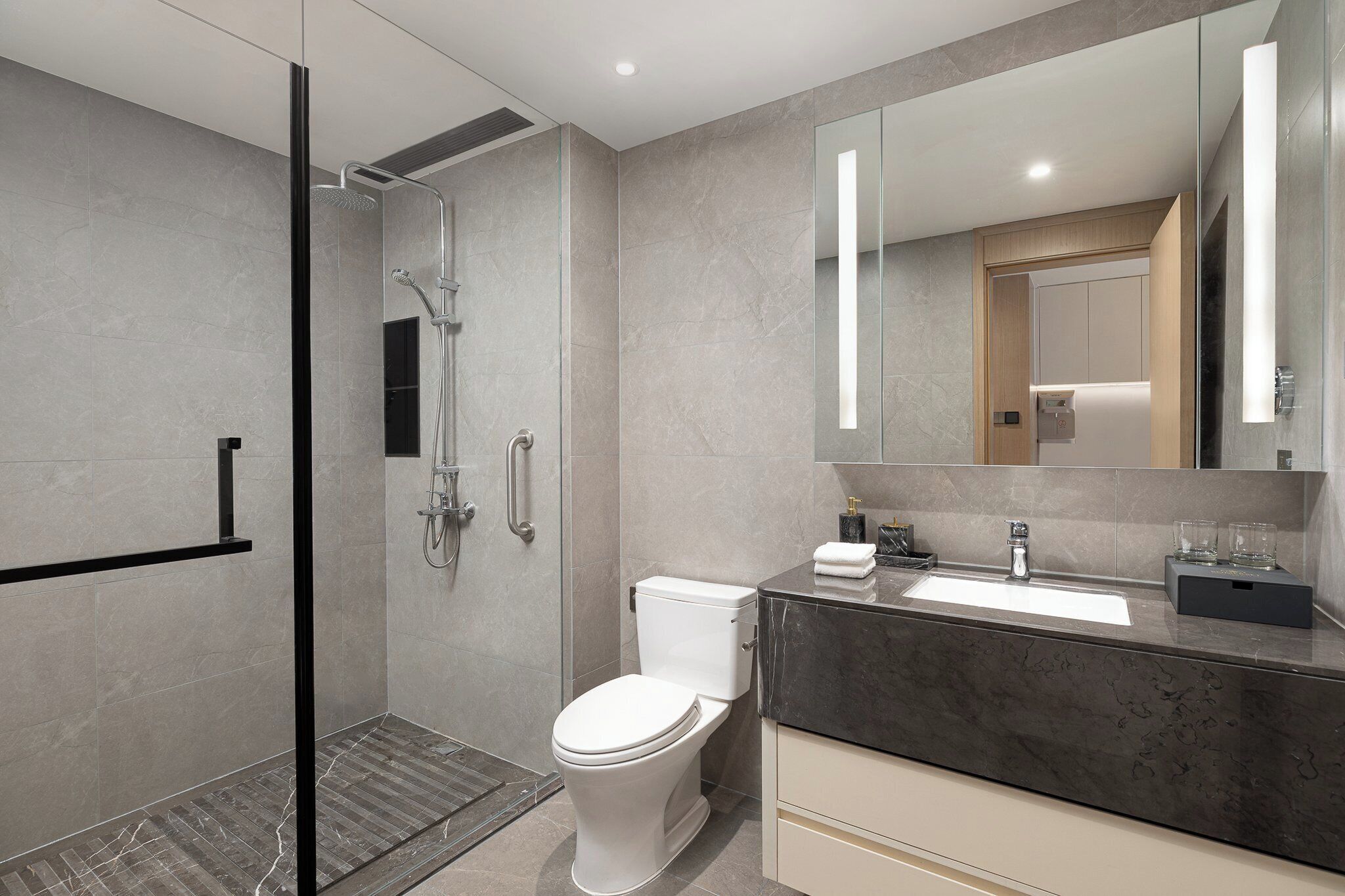A modern bathroom with a glass-enclosed shower, a toilet, and a vanity with a large mirror.