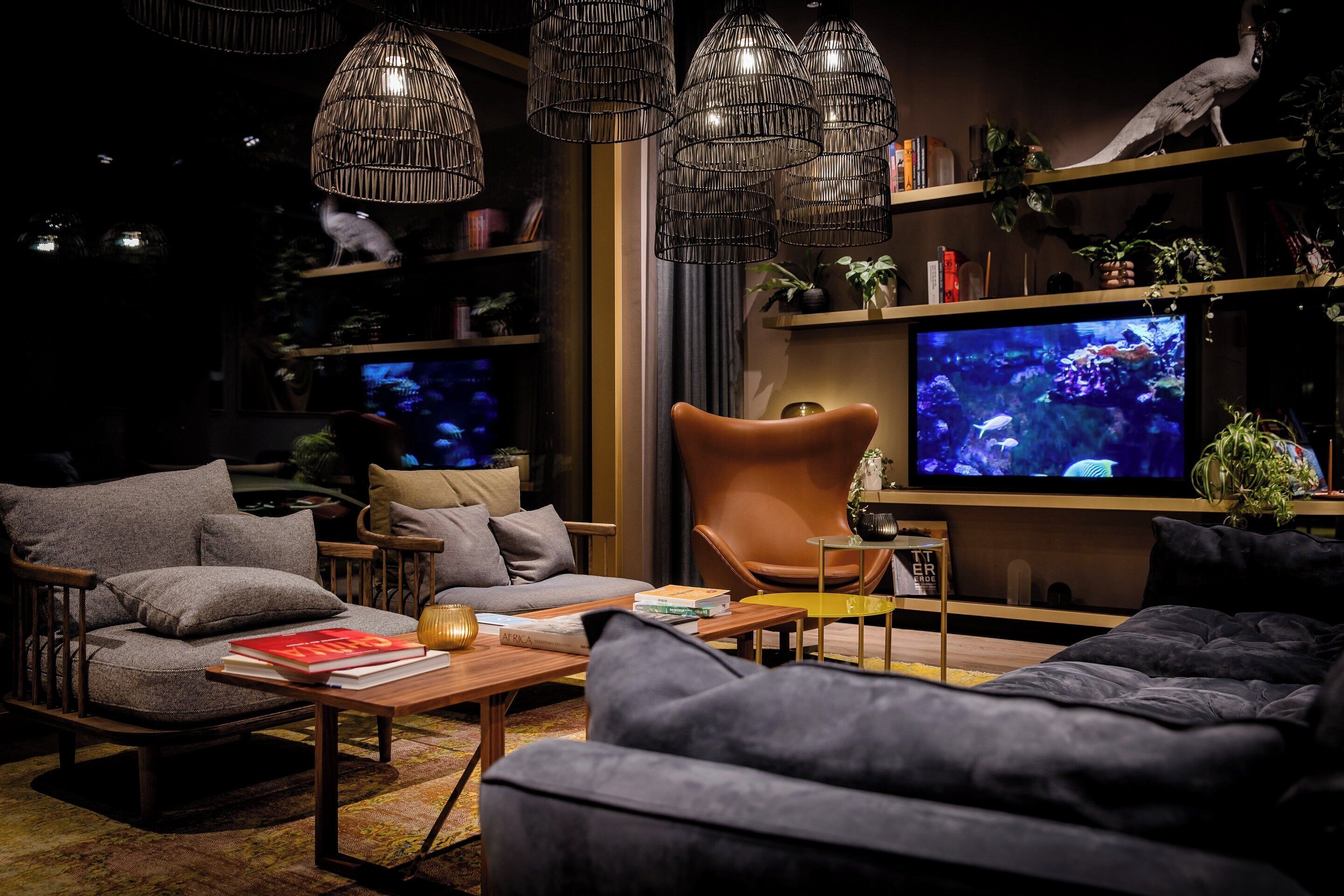 Uma sala de estar moderna com sofá, poltrona, mesa de centro, televisão e plantas decorativas.