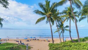 A beach with palm trees, a sandy shore, and the ocean. - Beachfront luxury | Walk to dining & shops (Kihei)