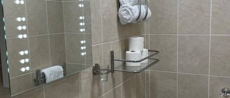 Une salle de bain avec un lavabo, des toilettes et un miroir.