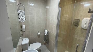 Hair dryer, towels, soap, shampoo