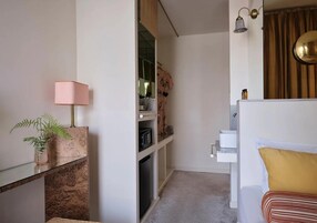 A compact hotel room with a bed, bedside table, lamp, and a small plant.