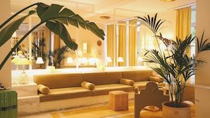 Een goed verlichte woonkamer met een bank, een grote kamerplant en een rieten pouf.