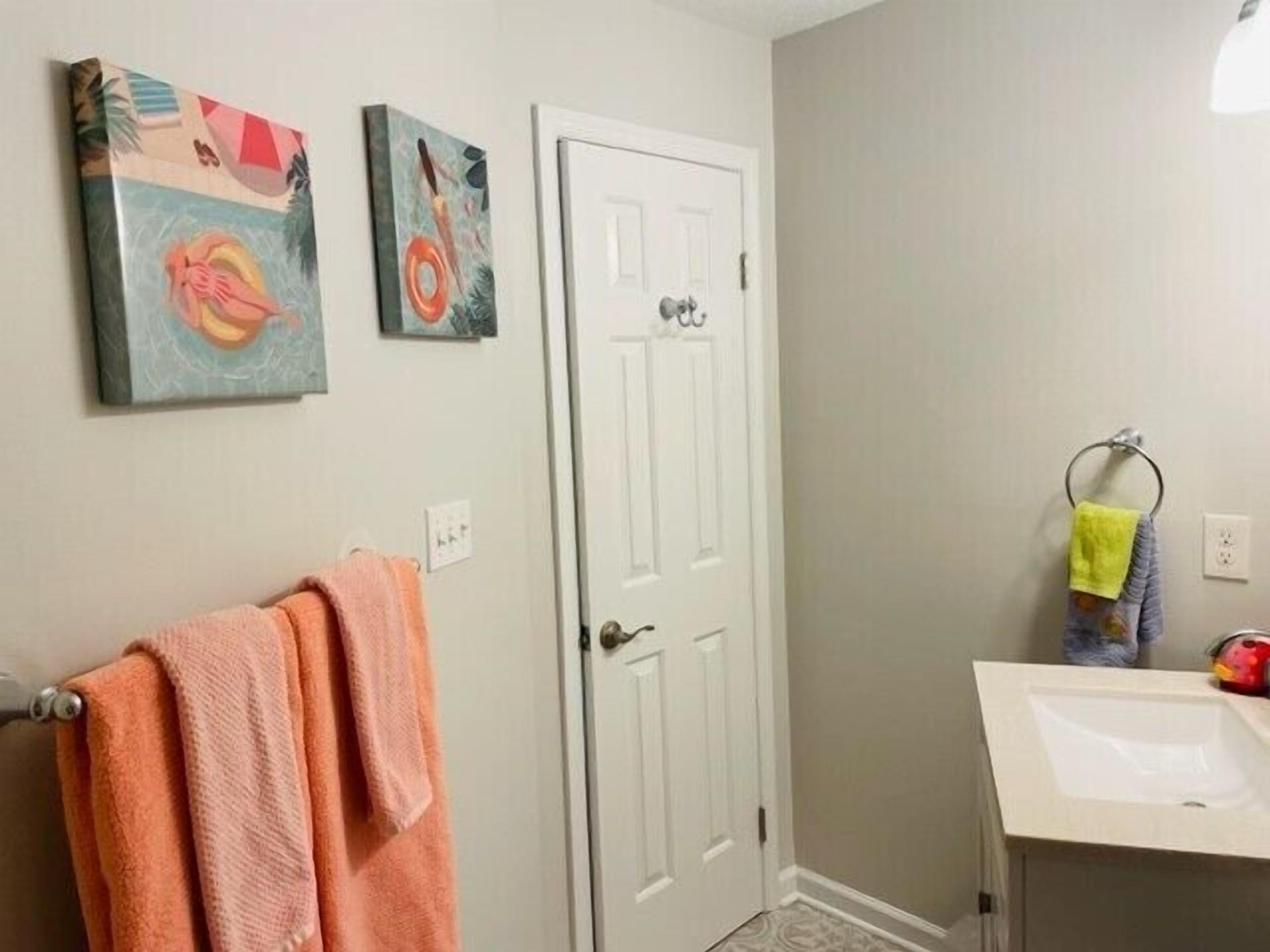 Une salle de bain avec une porte blanche, un lavabo et deux tableaux accrochés au mur.