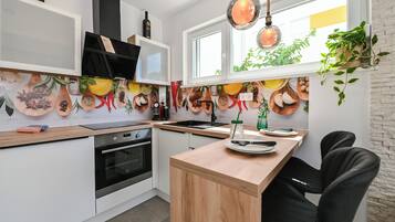 Fridge, oven, stovetop, coffee/tea maker