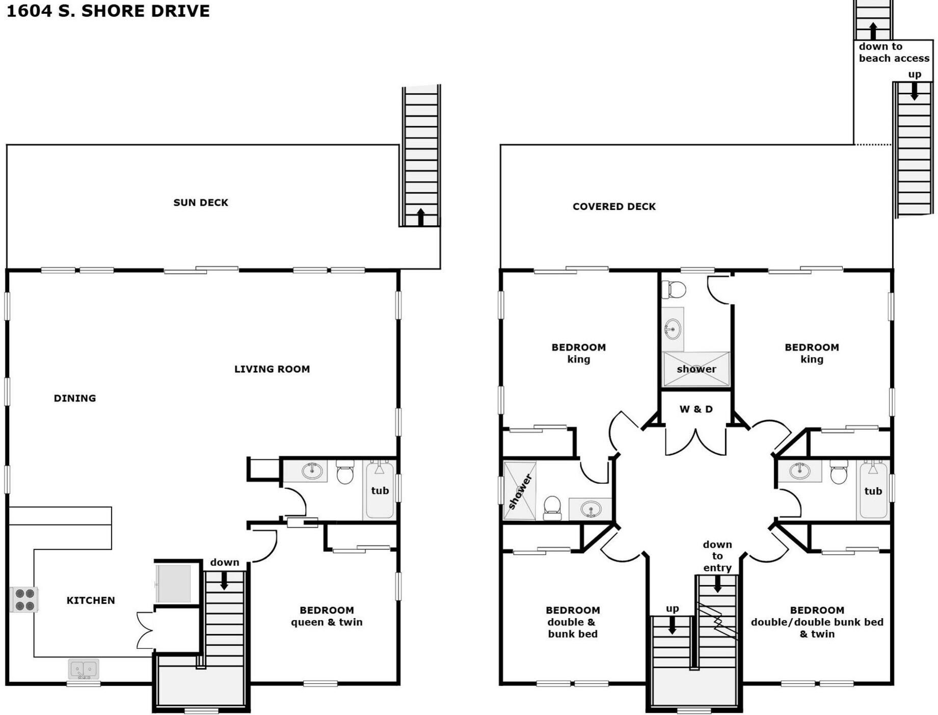 Plan d’étage d’une propriété située au 1604, avenue South Shore Drive, comprenant un coin repas, une cuisine, un salon et plusieurs chambres à coucher, dont l’agencement varie.