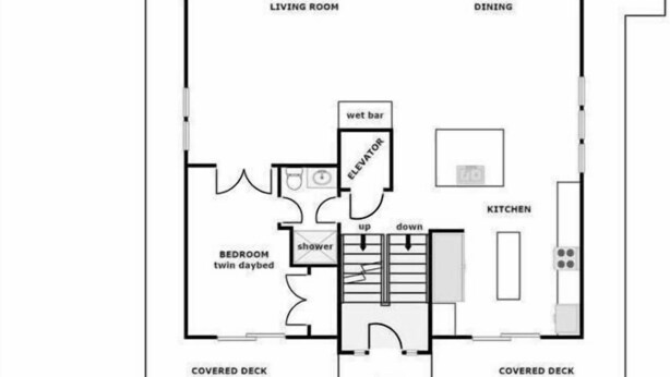 A 1st floor layout of Hampton Colony Cir with a sun deck, covered deck, living room, dining area, wet bar, kitchen, and a bedroom with twin daybeds. - Lime Time - Ultra Luxurious 7BR Oceanfront Home with community pool (North Topsail Beach)