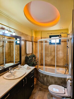 Hair dryer, towels, soap, shampoo