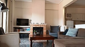 Ein Wohnzimmer mit Kamin, Fernseher, Bücherregal und einer Couch.