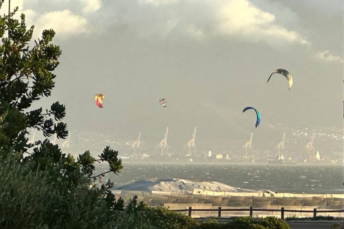 A coastal view with multiple kites flying, a distant shipyard, and a clear sky.