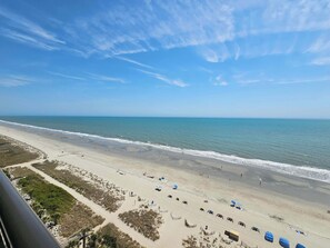 Uma praia com céu claro, faixa de areia e alguns guarda-sóis.