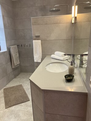 Dusche, Haartrockner, Handtücher, Seife