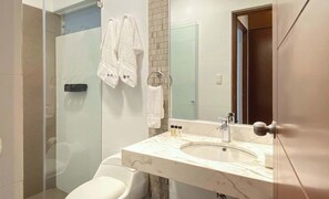 Shower, hair dryer, towels
