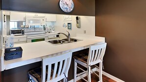 A modern kitchen with white cabinetry, a microwave, a toaster, and a sink. There are two white bar stools and a clock on the wall. - Edgewater Windward #204 | Gulf Front + Amenities (Panama City Beach)