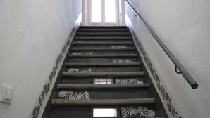 A staircase with a handrail, leading to a door at the top.