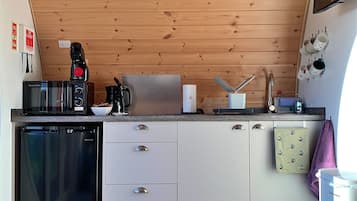 Fridge, microwave, coffee/tea maker, electric kettle