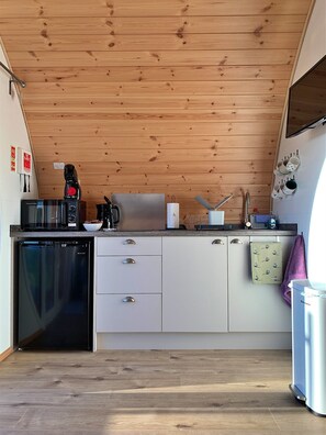 Fridge, microwave, coffee/tea maker, toaster