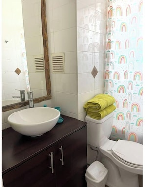Hair dryer, towels, soap, toilet paper
