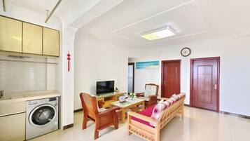 A compact living space with a washing machine, a dining area with chairs and a table, a sofa, and a television.