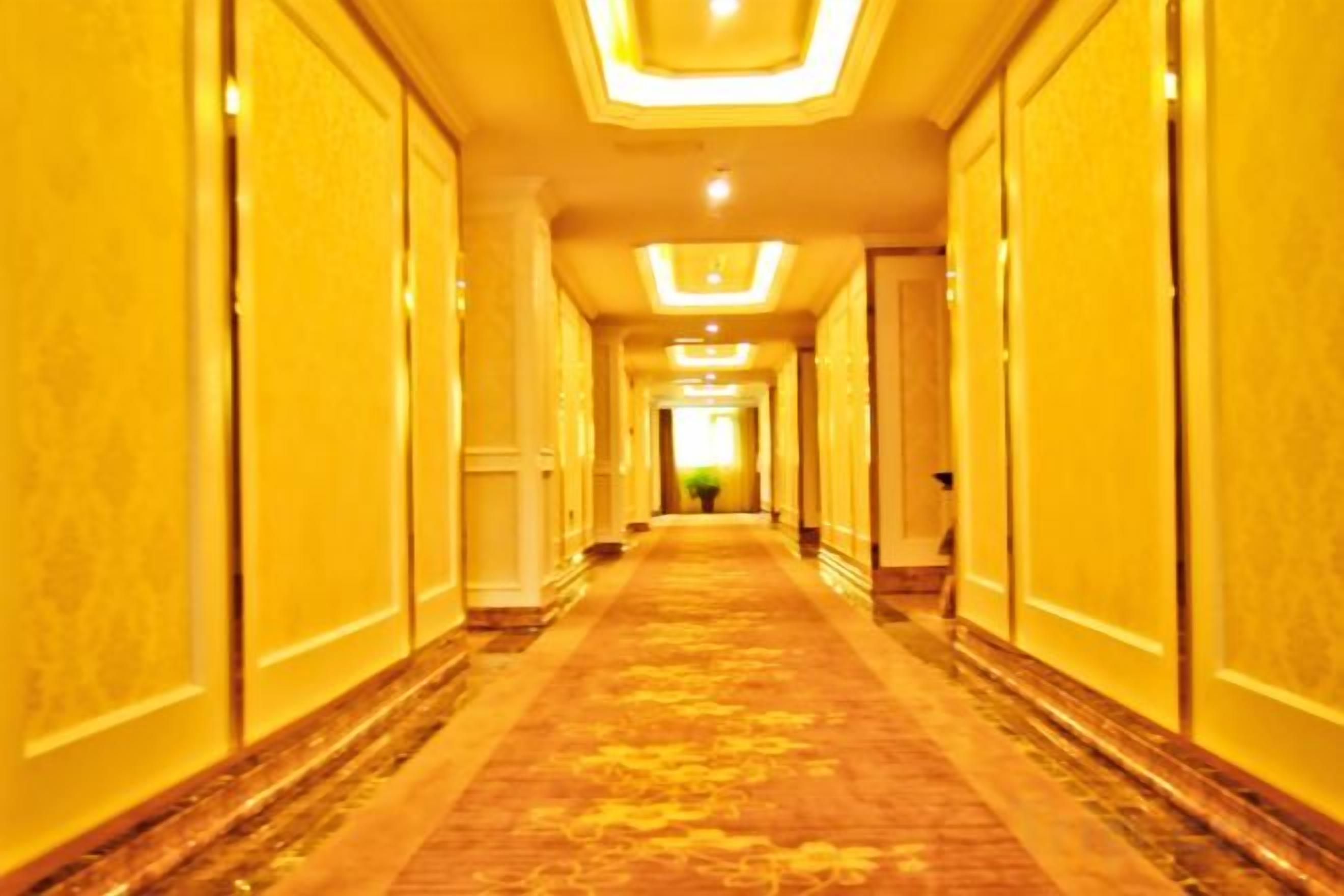 A long, narrow hallway with a carpeted floor and doors on both sides.