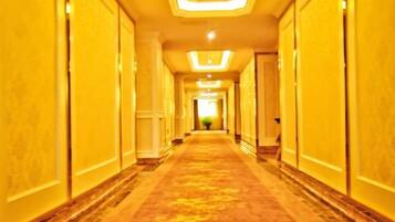 A long, narrow hallway with a carpeted floor and doors on both sides.
