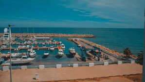 Un puerto deportivo con barcos amarrados, un muelle y un rompeolas rocoso.