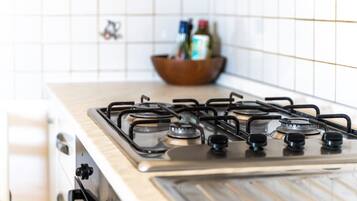 Geladeira, fogão, cooktop, talheres/pratos/utensílios de cozinha