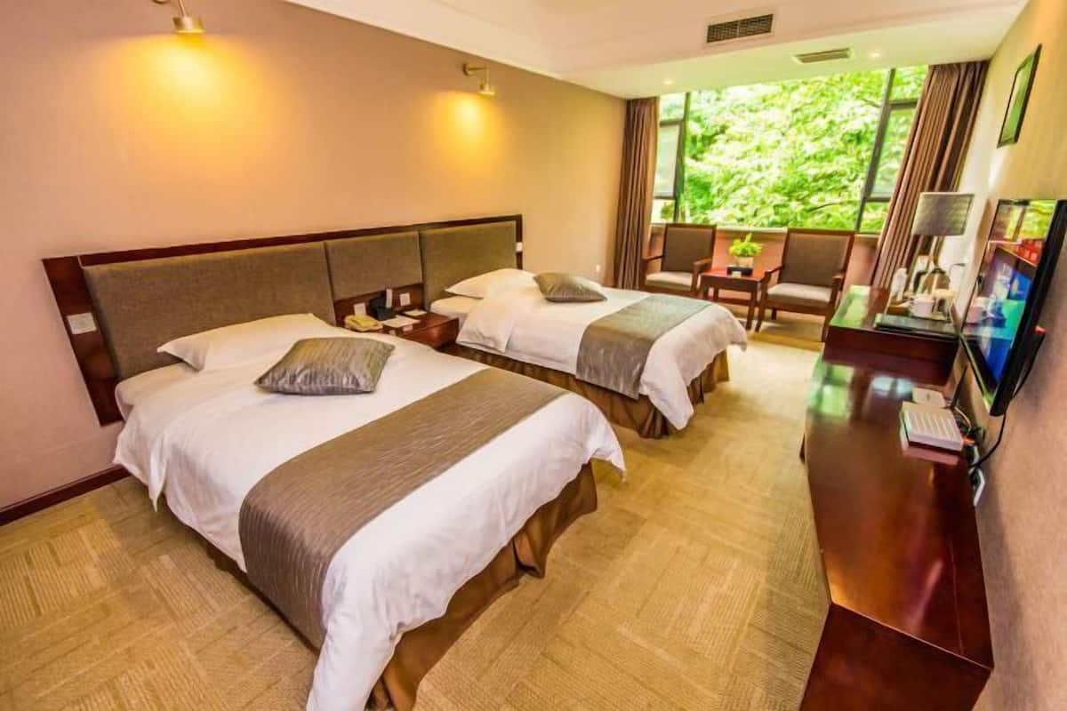 Une chambre d’hôtel avec deux lits, un bureau, une chaise et une télévision.