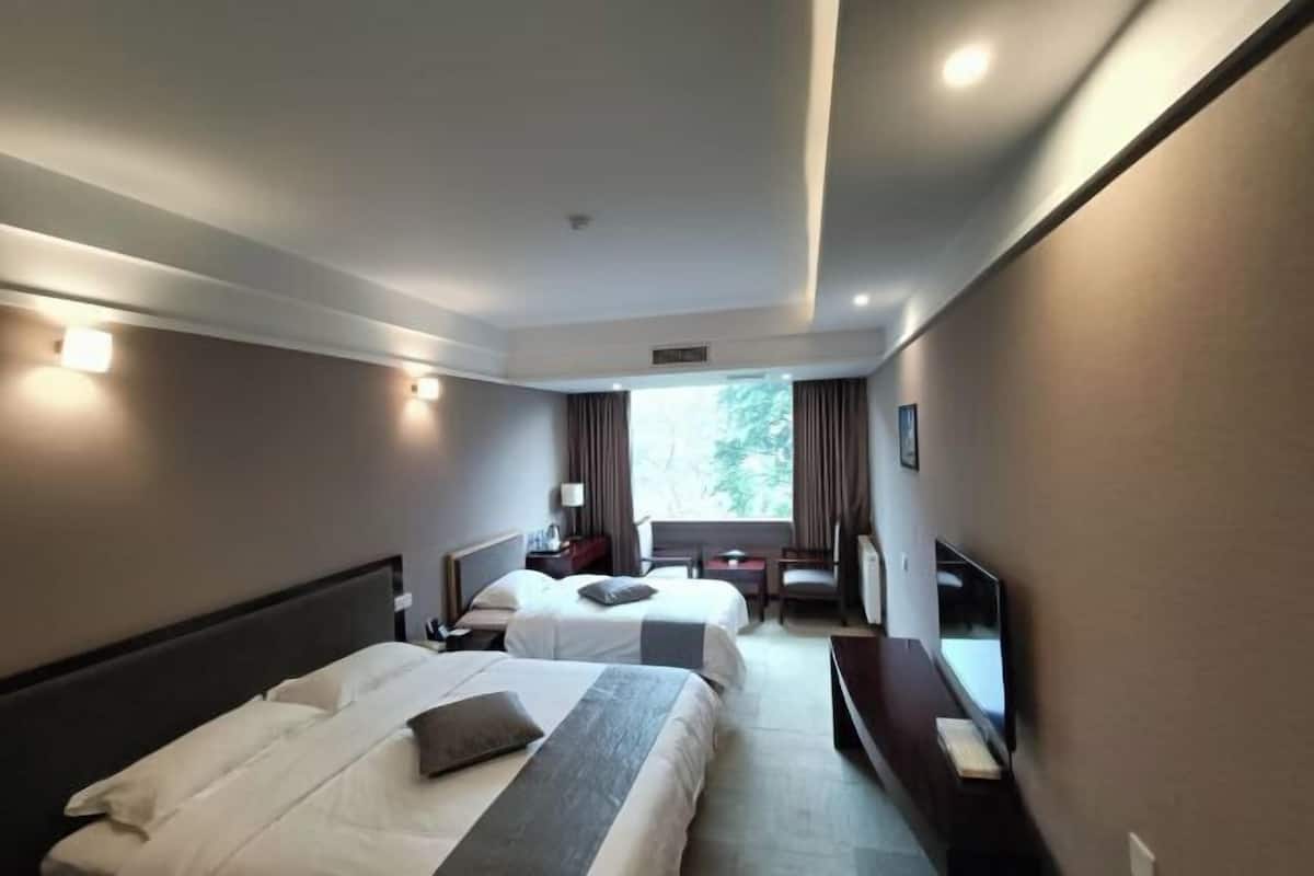 Une chambre d’hôtel avec deux lits, un bureau, une chaise, une télévision et une fenêtre avec des rideaux.