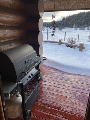Eine Holzhütte mit integriertem Grill und Blick auf eine verschneite Landschaft.