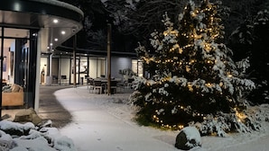 A snow-covered outdoor area with a Christmas tree decorated with lights, a building with glass doors, and a paved walkway. - Boutique Hotel Bed & Bos (Best)