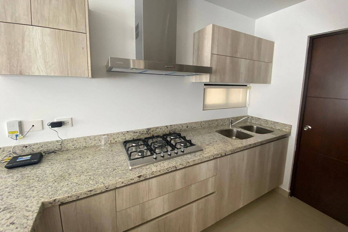Cozinha com fogão a gás, pia de aço inoxidável, armários de madeira e coifa embutida.