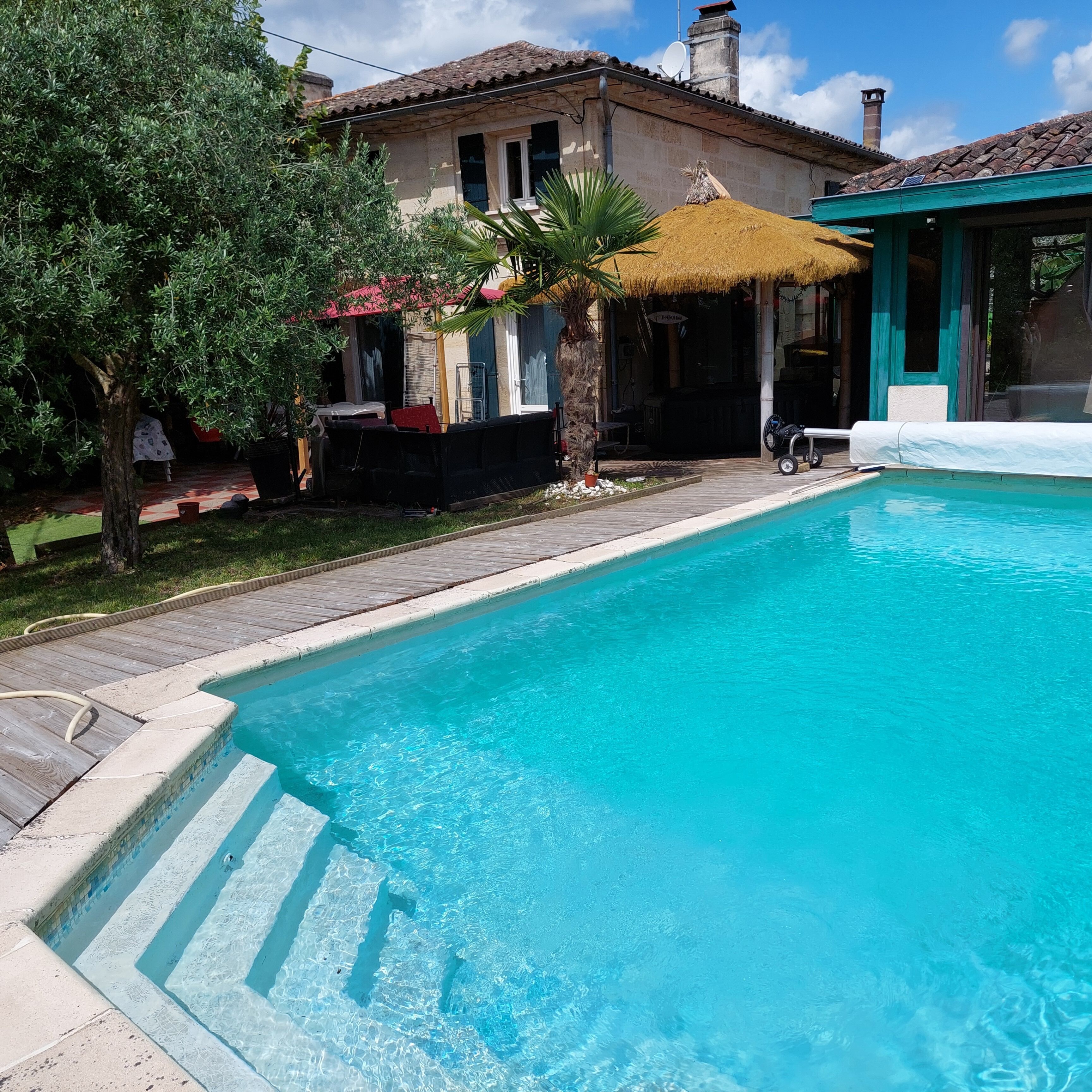 A swimming pool with a tiled deck, a thatched-roof structure, and a house with a satellite dish.