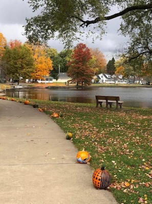 A park with a lake, benches, and autumn leaves. - Serenity Lakeside Cottage (Edinboro)