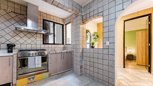 Una cocina con estufa, horno y salpicadero azulejado.