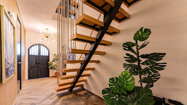 Una escalera de madera con diseño moderno, una planta grande en maceta y una puerta al fondo.