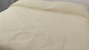 Une pièce avec un lit, un mur uni et un rideau.