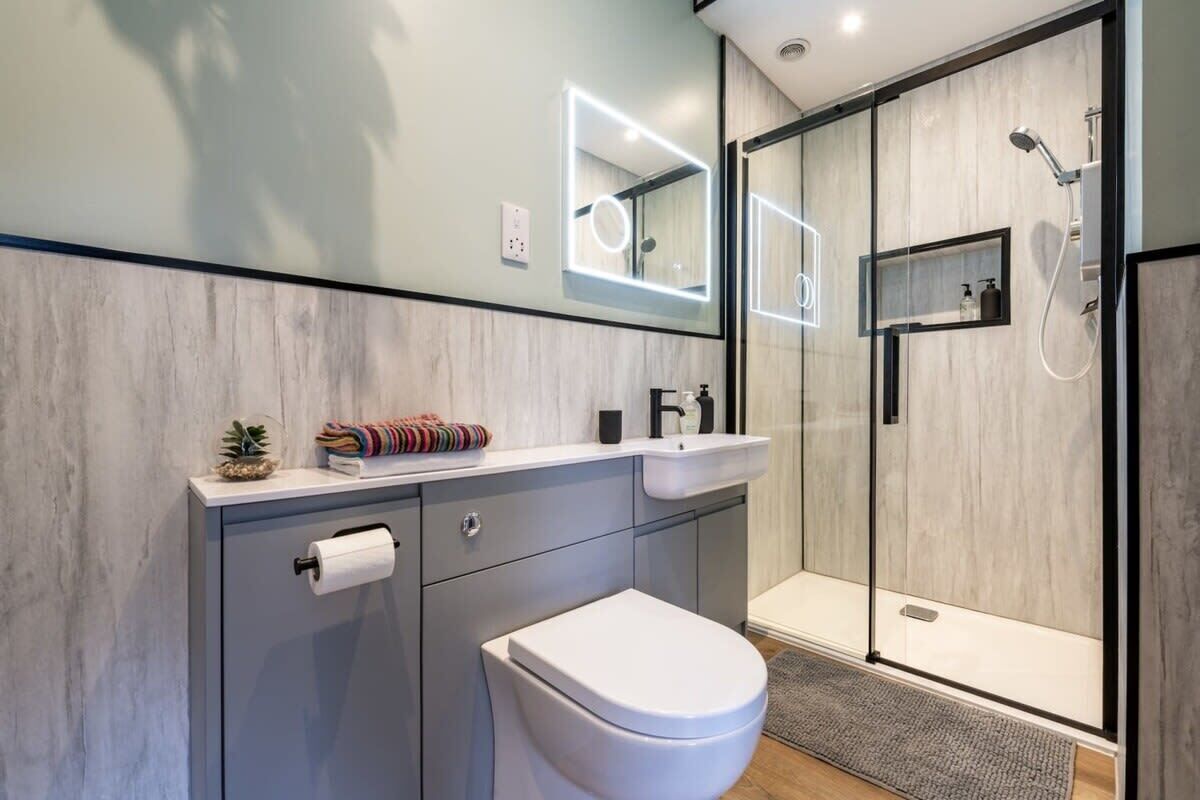 Shower, hair dryer, towels