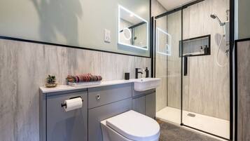 Shower, hair dryer, towels