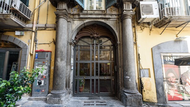Une entrée d’immeuble avec une grande porte en arc de cercle, un pot de fleurs et un coffret de raccordement électrique.