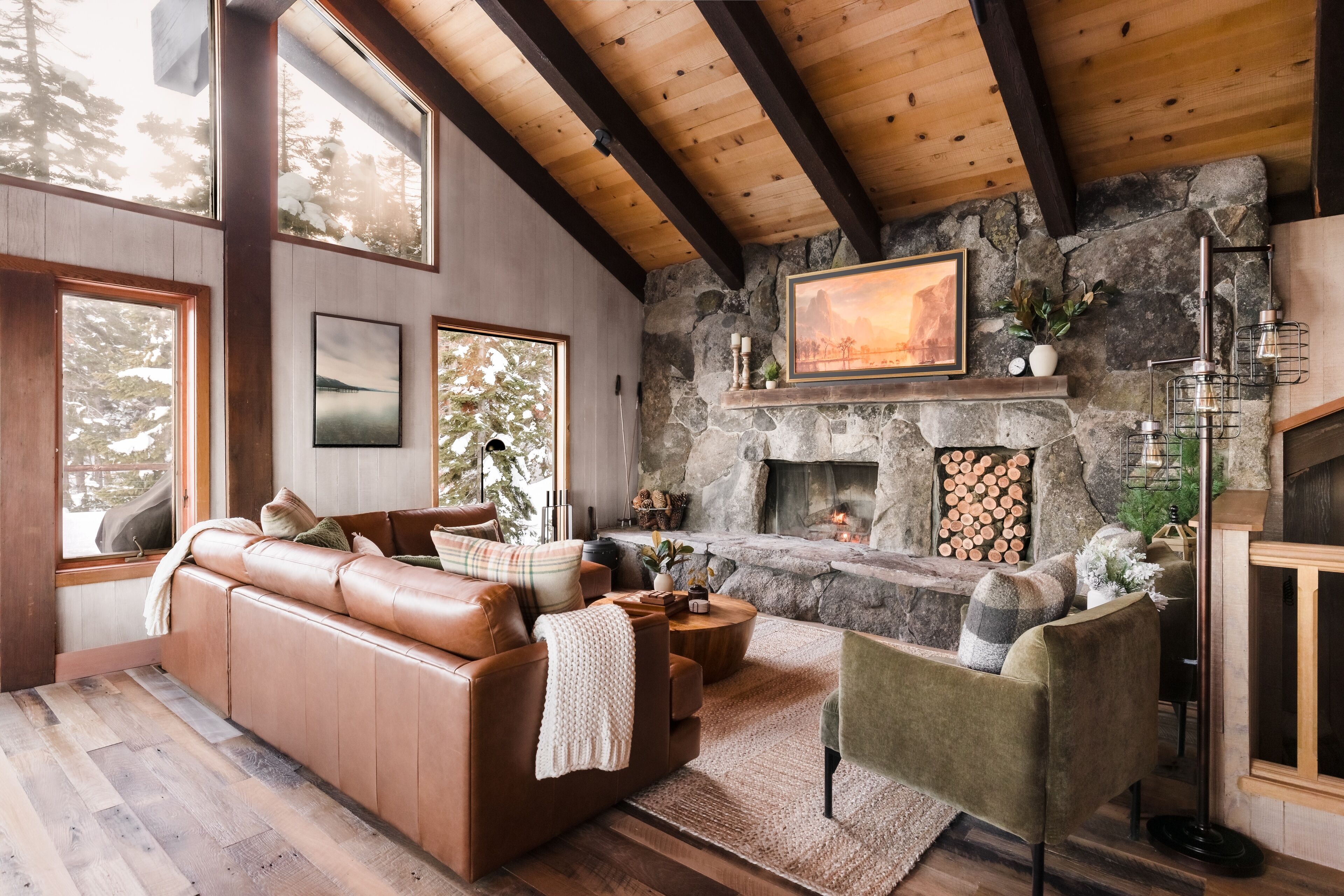 TV, fireplace, books, stereo