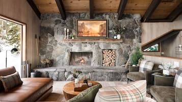 TV, fireplace, books, stereo
