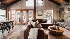 TV, fireplace, books, stereo